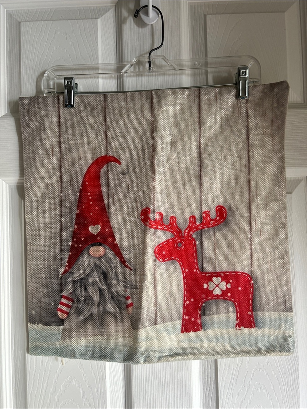 Holiday Gnome and Reindeer Decorative Pillow Cover - Red Accent